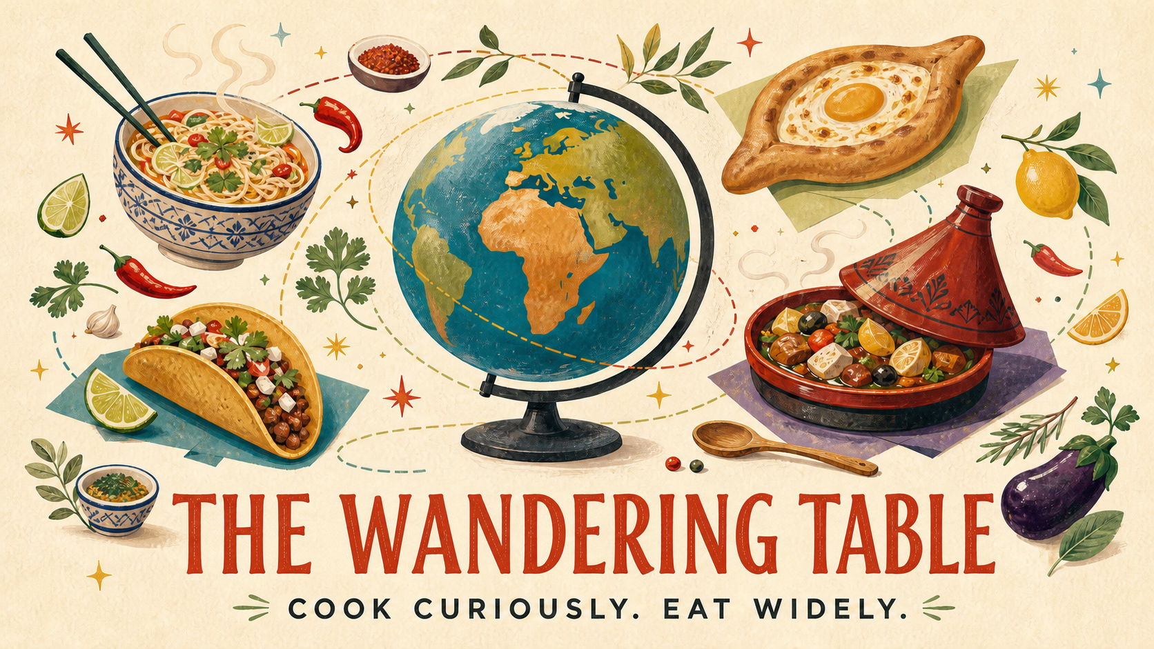 Illustrated globe surrounded by joyful dishes from around the world
